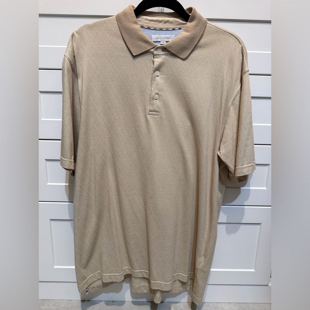 Alex Cannon polo shirt. Sz large. Tan/white. Great condition! Muted pattern.